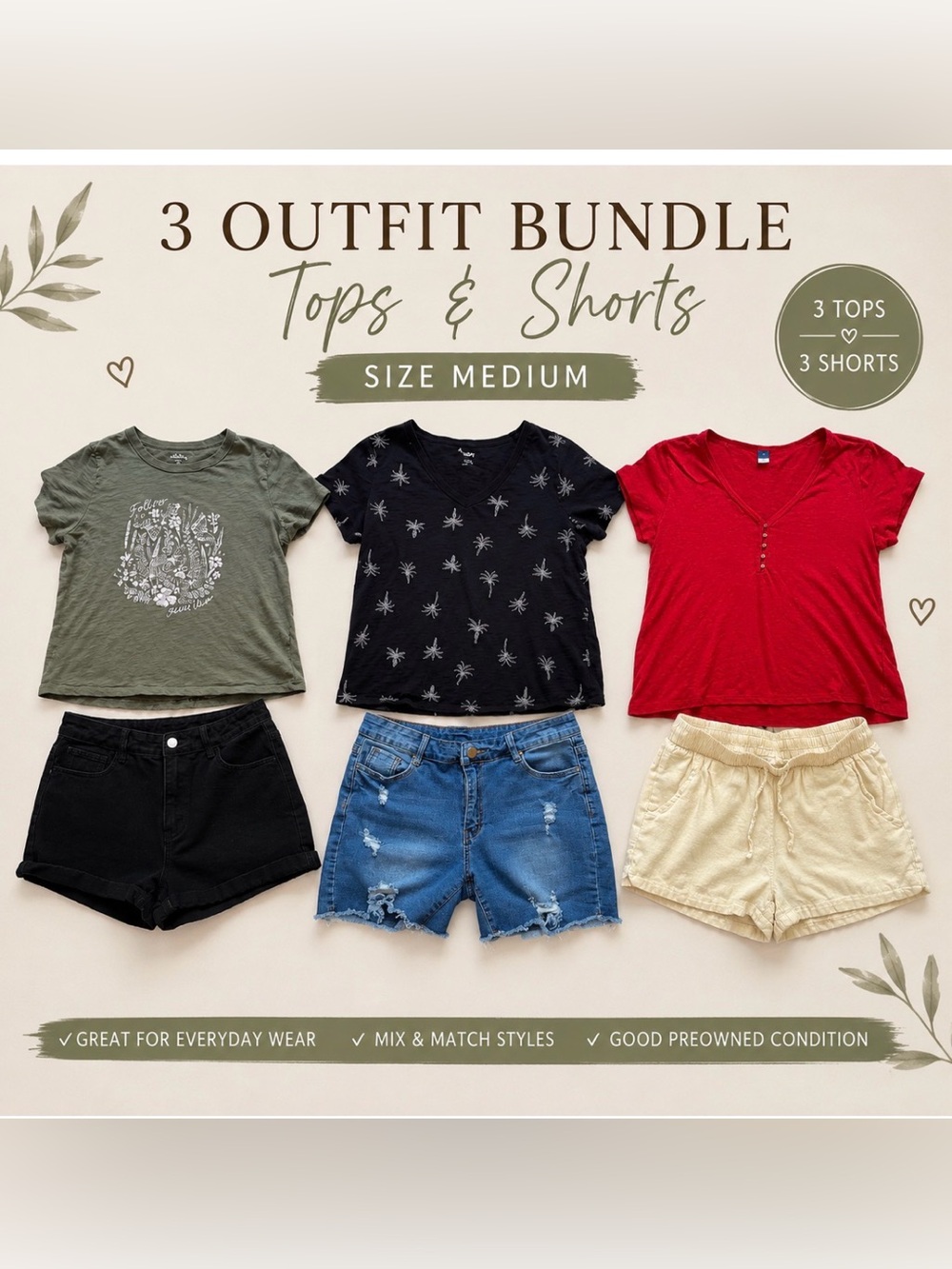 Ladies Medium 3-Piece Tops & Shorts Bundle - Red, Olive, Black
